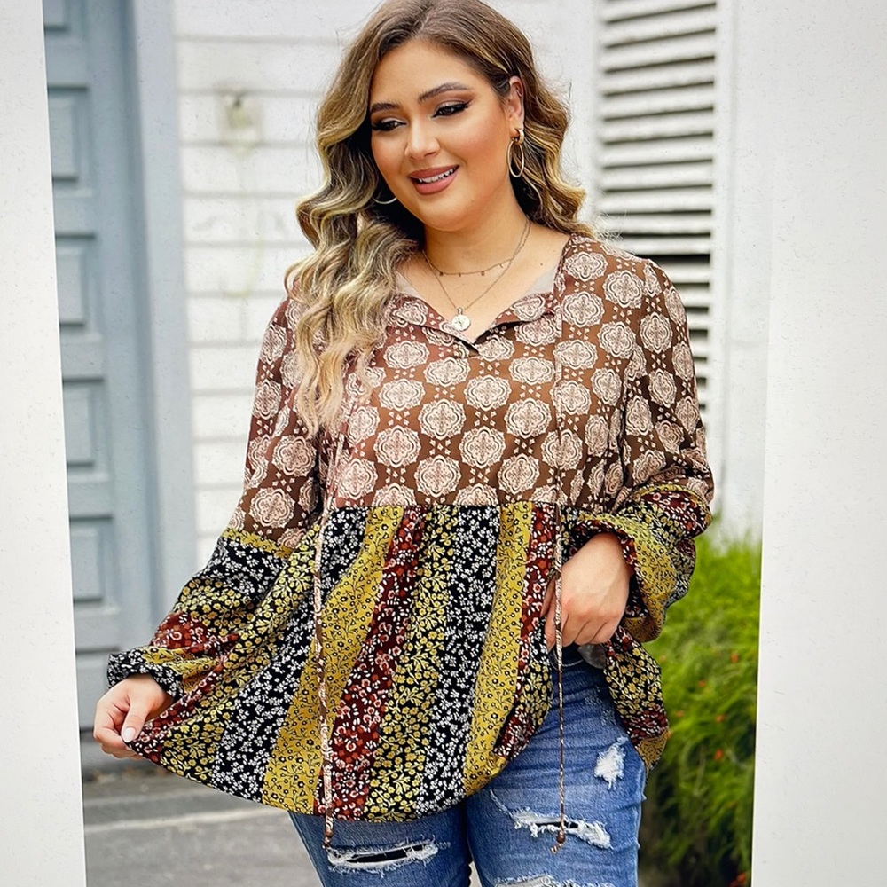 Bohemian Patchwork Floral Top Shirt Blouse Brown/Black/Yellow Plus Size 1X.